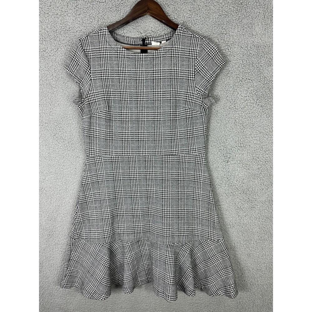 GAP Plaid Ruffle Hem Dress Womens 10 Black Preppy Workwear Minimalist Academia